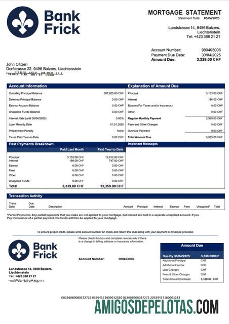 imprimível Modelo Word e PDF de declaração de hipoteca do Liechtenstein Bank Frick & Co